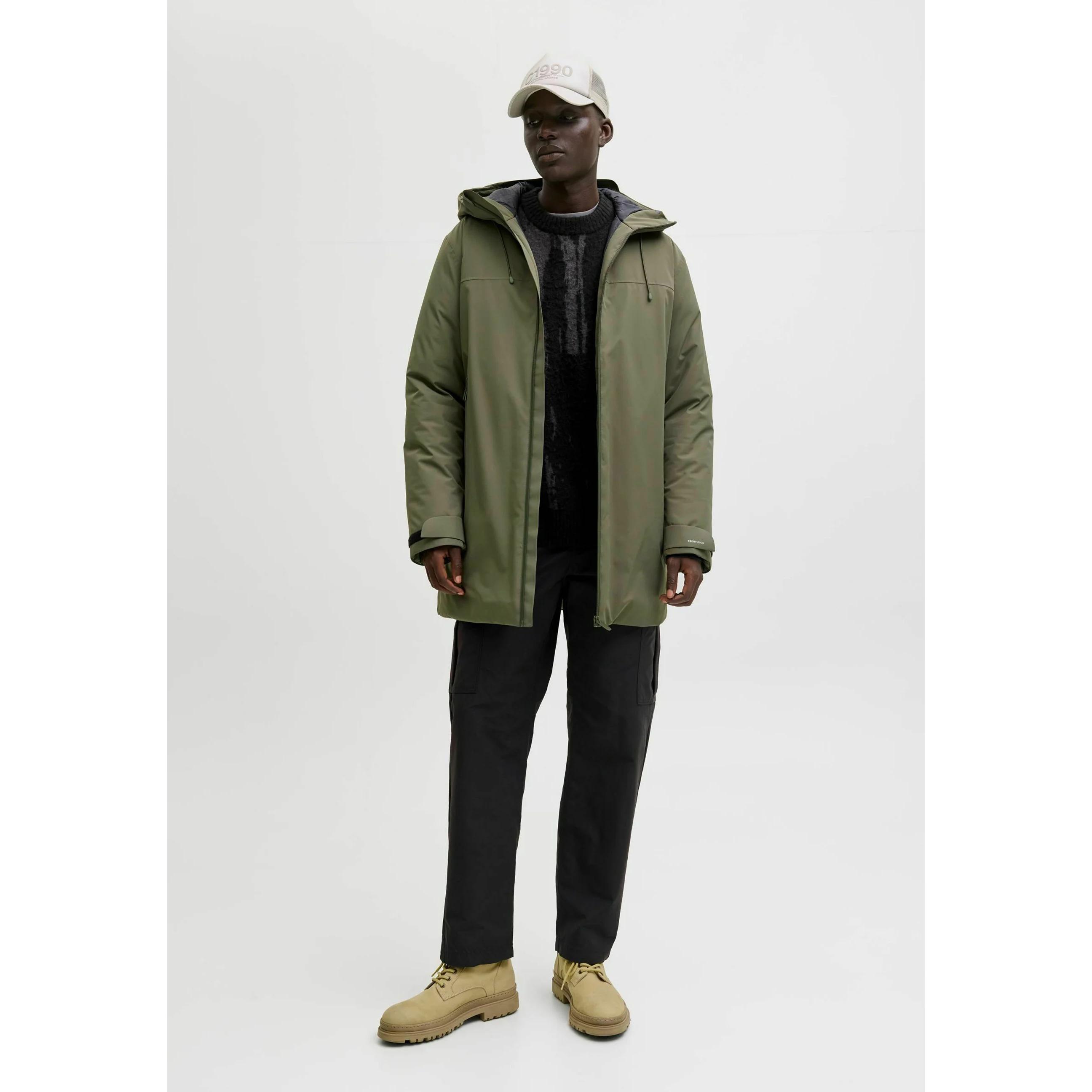 Jack&Jones parka larga kakhi con capucha tejido técnico