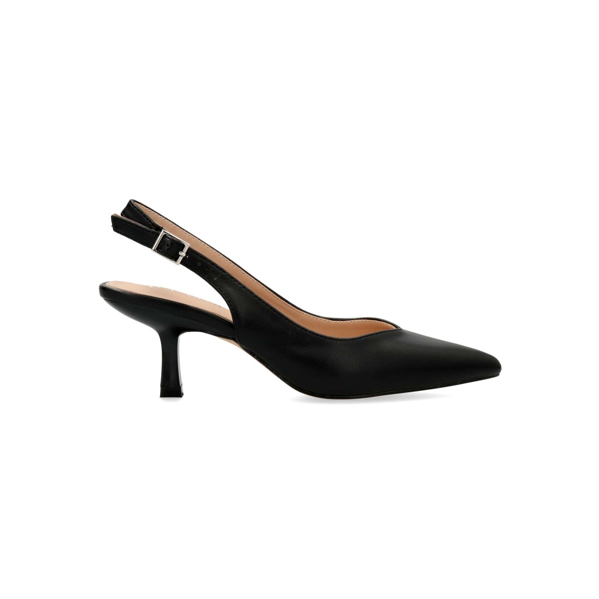 DANGELA - Salón de fiesta punta fina destalonado modelo DANGELA para mujer, tacón fino de 5,5 cm y planta acolchada en material sintético metalizado color platino