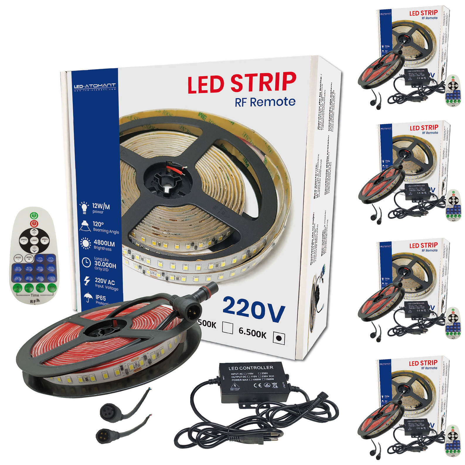 LED ATOMANT Kit completo 5m Tira LED 220V con mando, controlador y 4 conectores, 12W/m, 7750 lúmenes, IP65 impermeable, corte cada 10cm, Fácil instalación sin transformador, Alta durabilidad, Ideal para salones, terrazas, jardines, escaparates