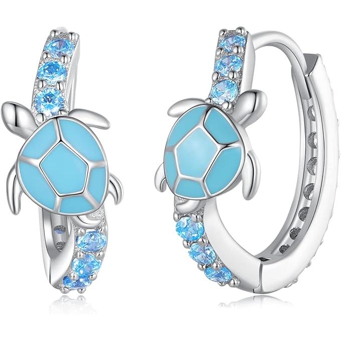 Pendientes De Aro Azul Con Diseño De Tortuga Bonita, Joyería De Plata De Ley 925 Con Decoración De Circón Brillante, Regalo Cre