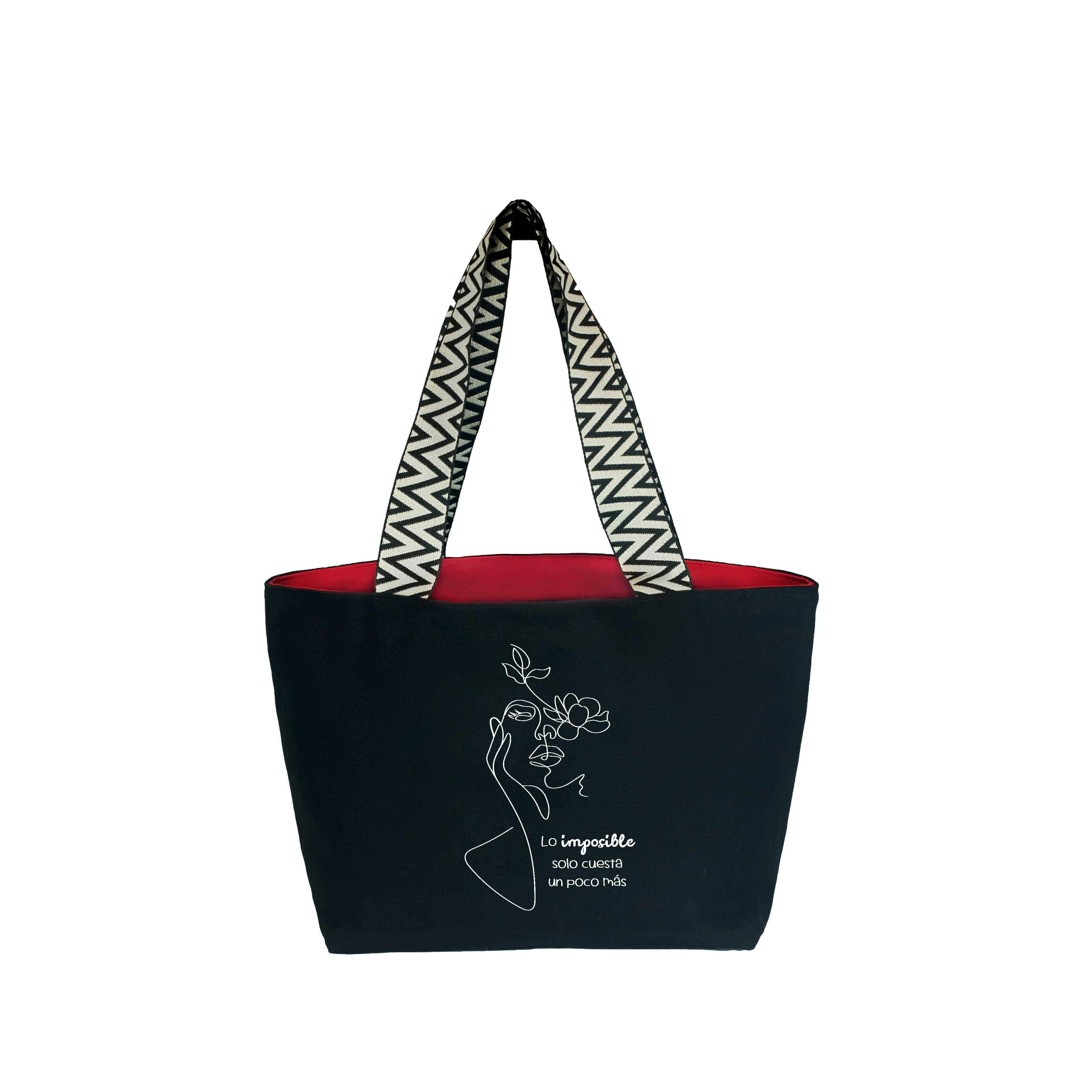 Hello-Bags. Bolso de loneta premium para mujer. Mod. LO IMPOSIBLE. Incluye cremallera exterior, bolsillo interior con cremallera y forro de loneta rojo.  Empaquetado para regalo.  Color: Crudo / Negro. Medidas: 50x30 cm.
