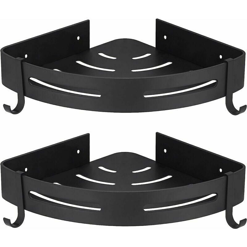 TK Estante de baño esquinero negro sin taladro, almacenamiento de aluminio inoxidable, juego de 2 con ganchos para jabonera.