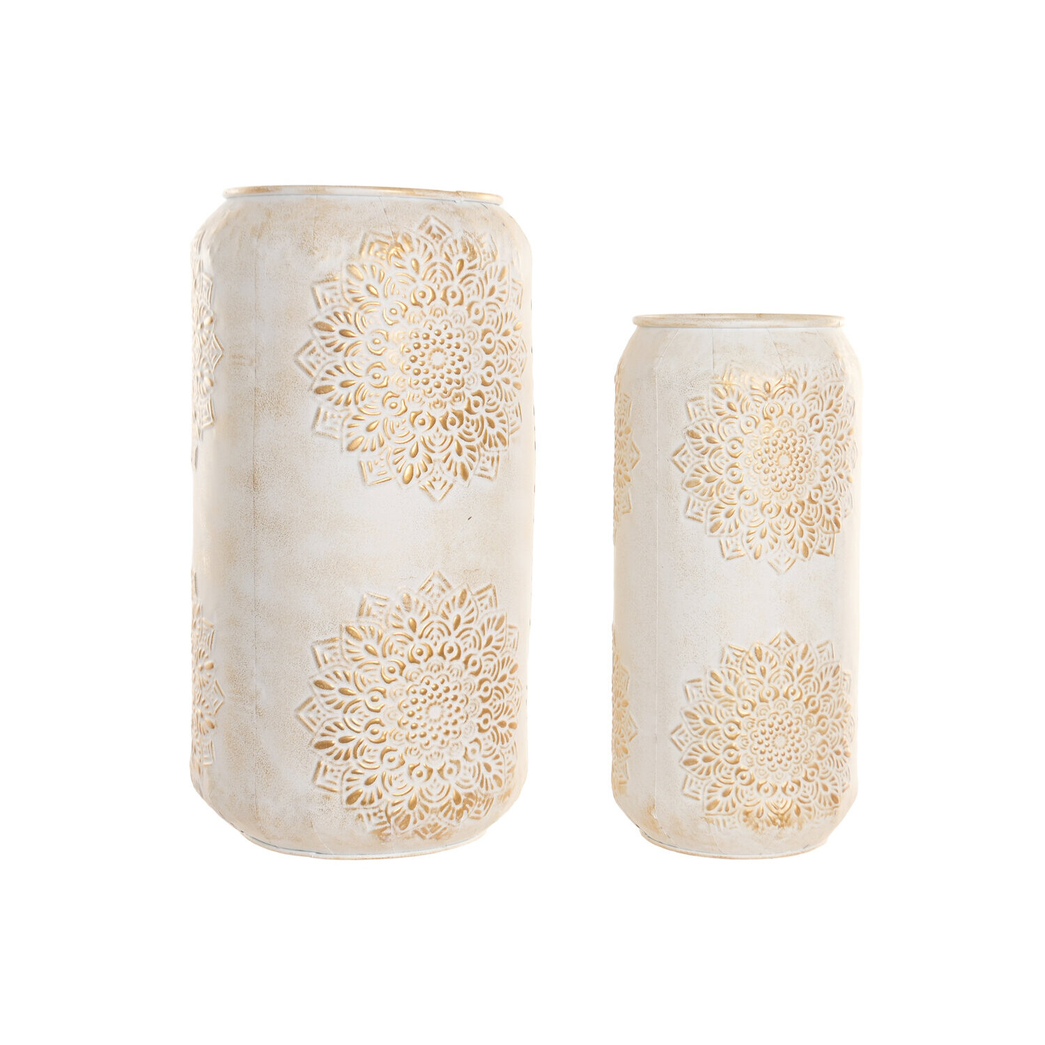 Set de 2 jarrones decorativos, de metal, mandala, en color blanco dorado, medidas 31x31x60 cm Fijalo