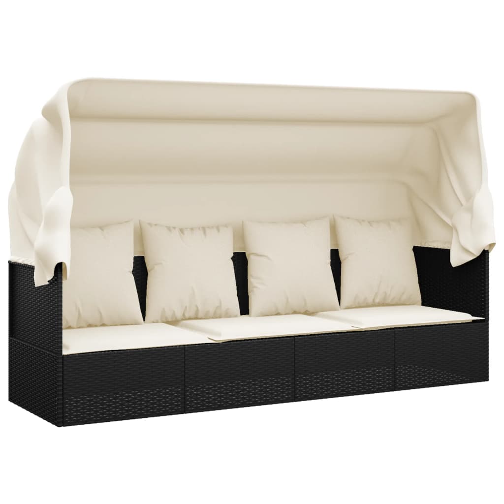 Vidaxl Sofá Tumbona de Jardín con Toldo Cojines Ratán Sintético Negro y Crema