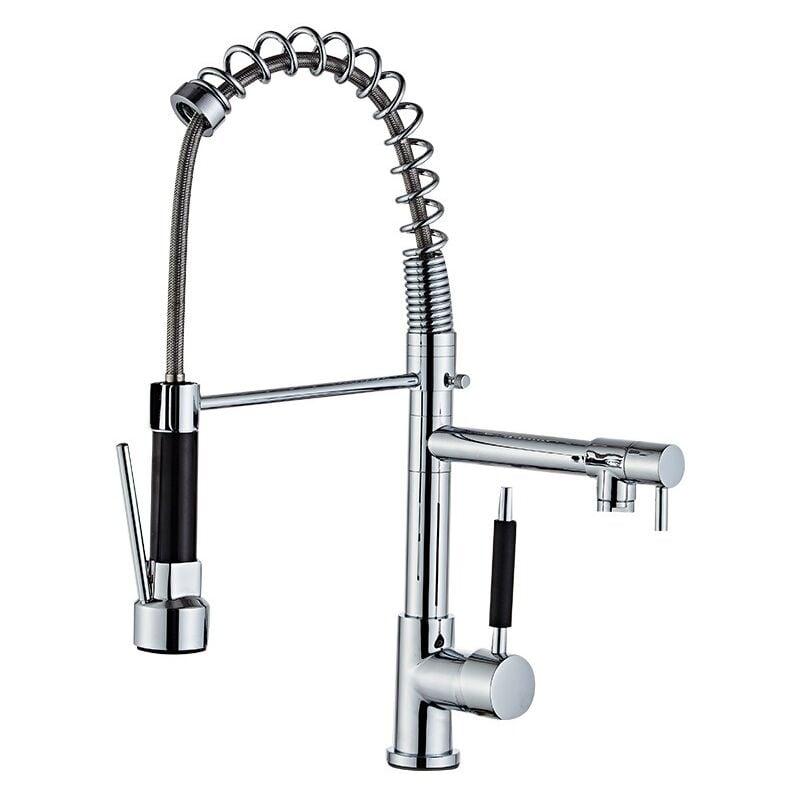 Grifo de cocina, grifo monomando de cocina con resorte, giratorio 360°, disponible en frío y calor, latón cromado.