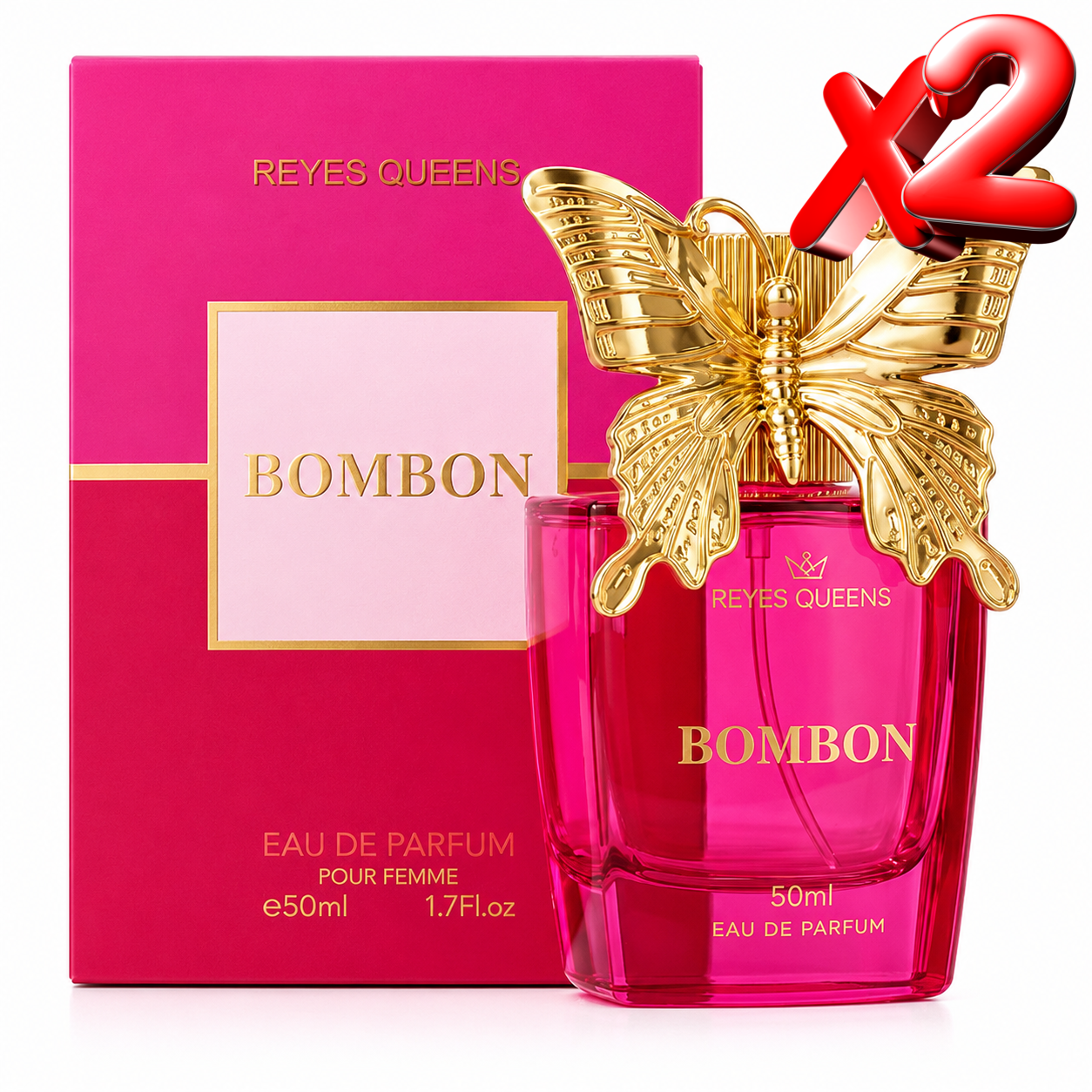 Pack 2 Unidades Perfume Mujer Bombon Eau de Parfum 50ml Reyes Queens | Fragancia Floral Frutal Dulce con Vainilla, Pitahaya y Pachulí | Perfume Elegante de Larga Duración con Frasco Mariposa Dorada