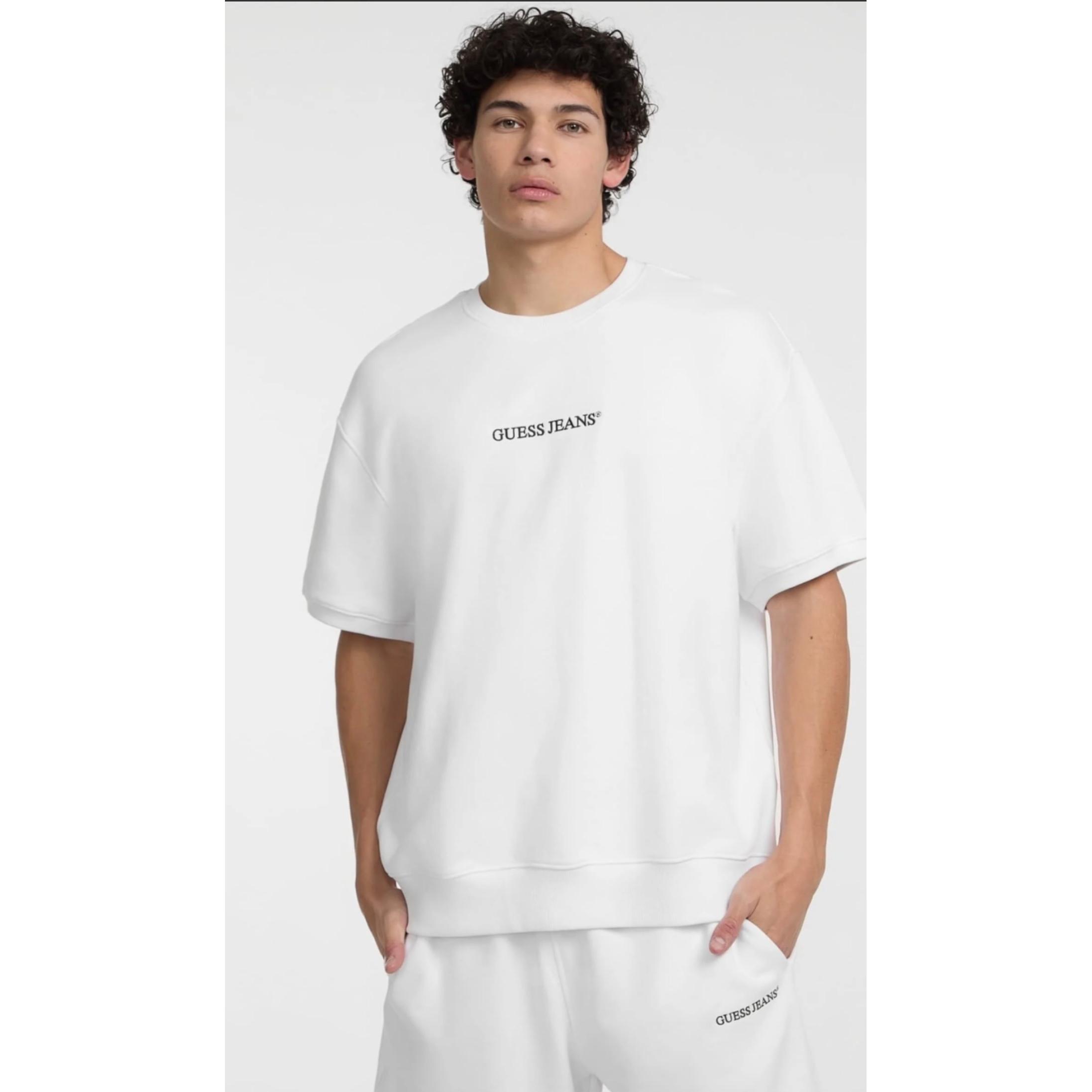 Guess - Sudadera m/c blanca con logo bordado diseño moderno y cómodo para uso diario