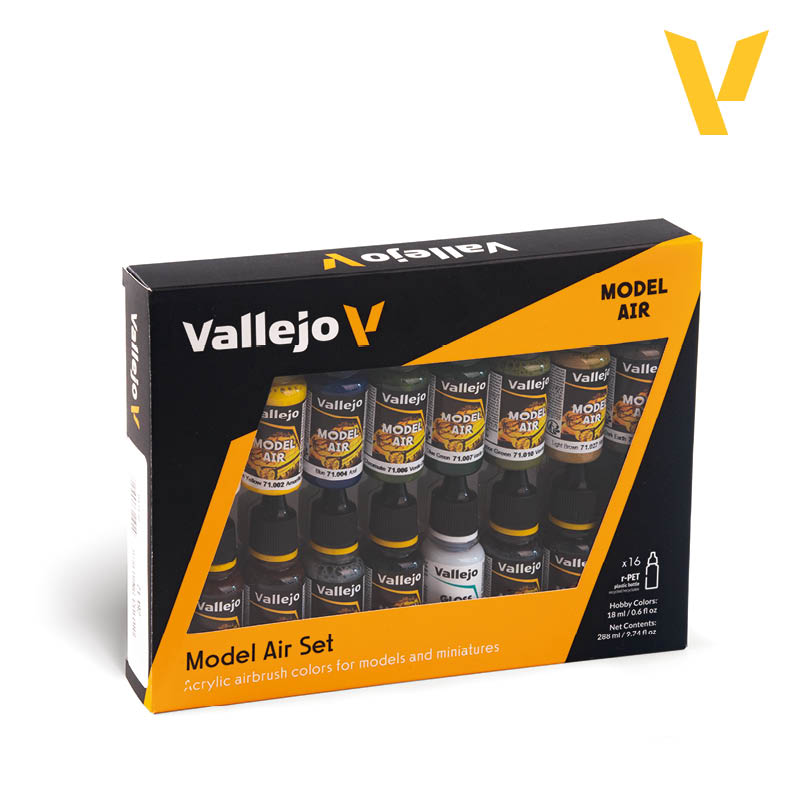 Vallejo Model Air Set de Pintura Acrílica Construcción. Estuche de 16 Colores en Botellas de 18 ml con Dosificador para Aerografía, Modelismo y Maquetas