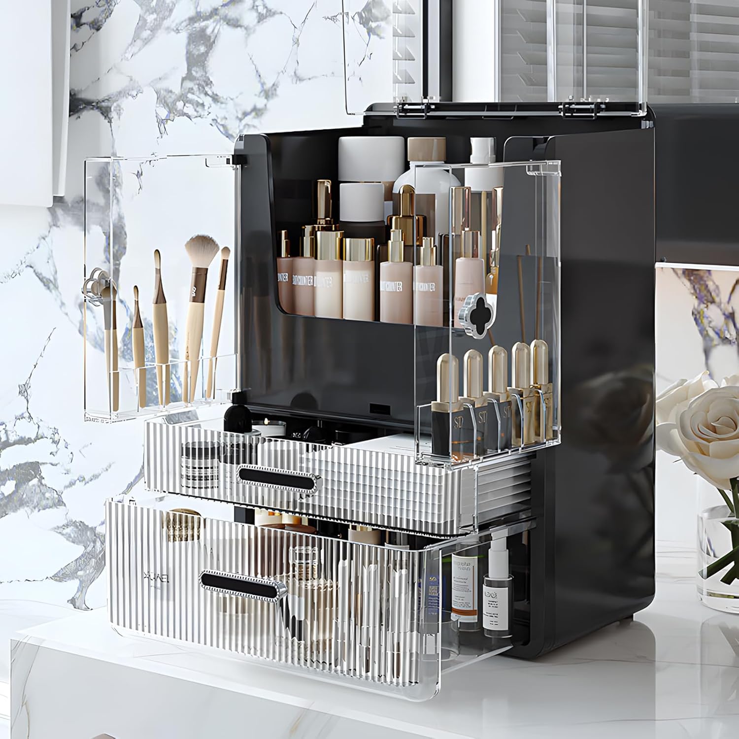 Organizador de maquillaje, caja de almacenamiento, cuidado de la piel con cajón con tapa, gran capacidad, transparente, negro