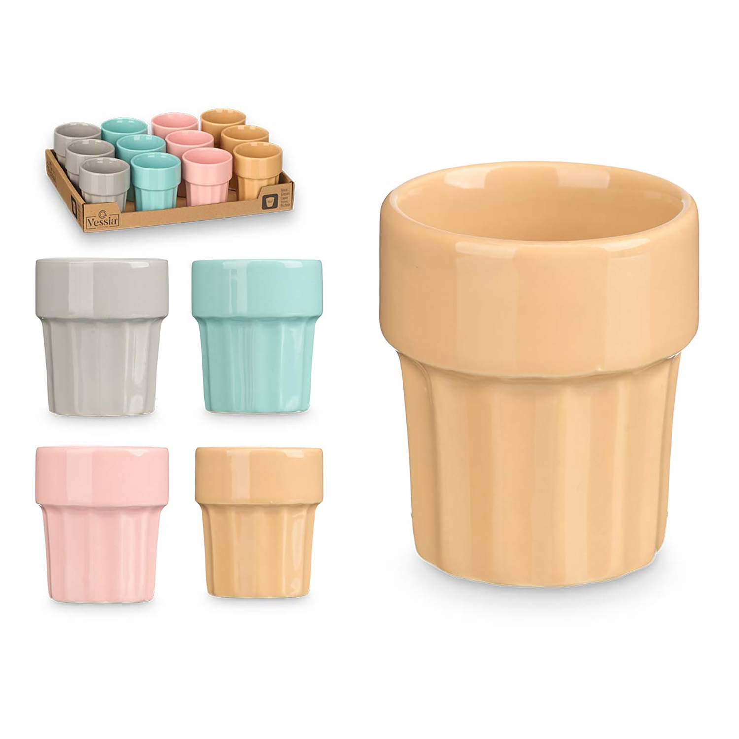 DAM Set de 12 vasos de porcelana para el café. Surtido 4 colores. 90ml de capacidad. 6x6x7 Cm. Color: Multicolor