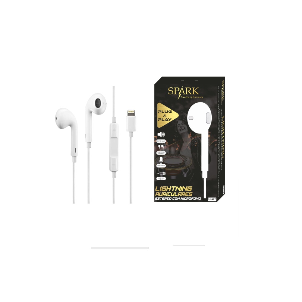 Spark. Auriculares Estéreo con Micrófono. Super Bass. Compatible con Entrada Lightning. Experiencia Única. Ligeros. Económicos. Clásicos.