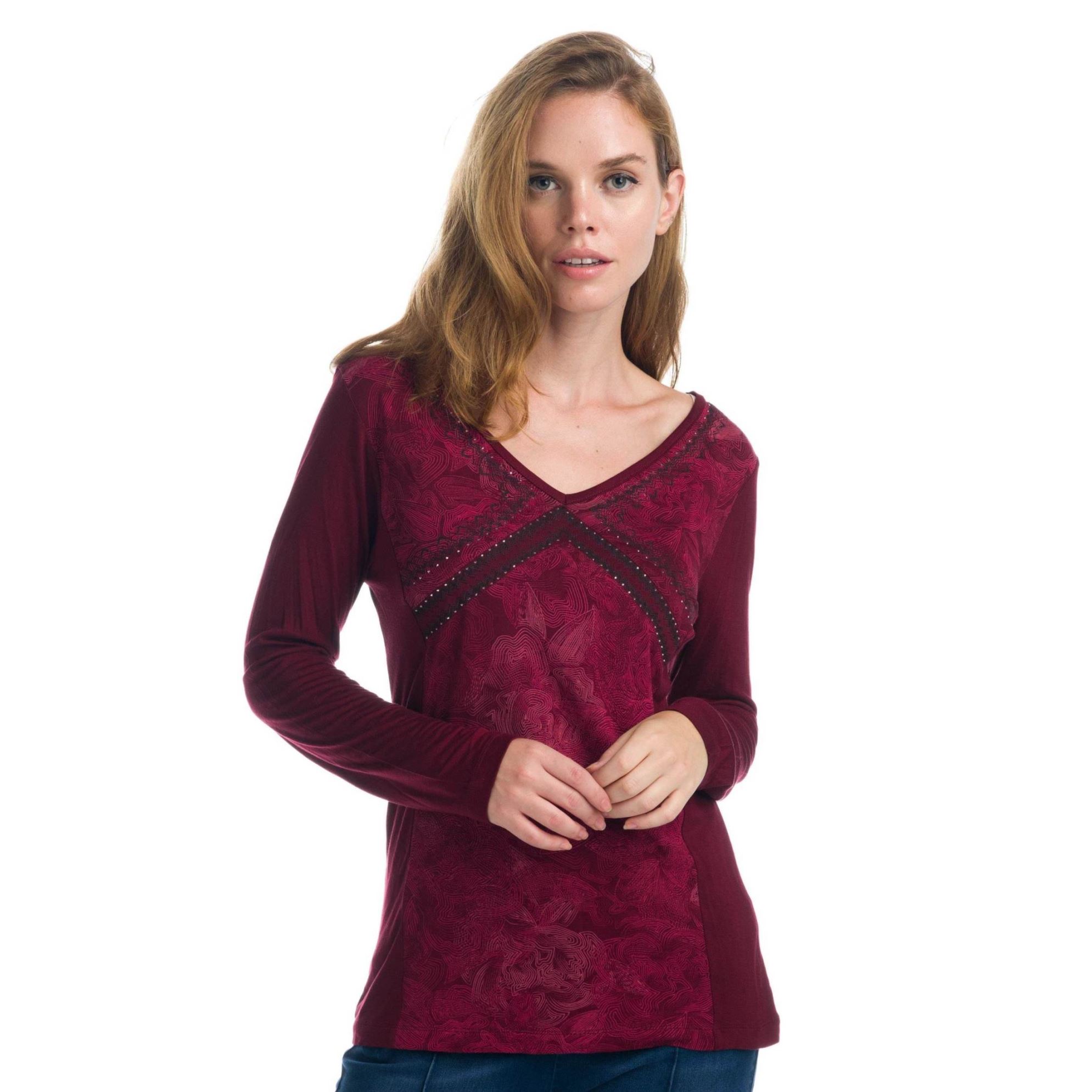 Koroshi - Camiseta manga larga mujer de viscosa con escote pico y diseño floral granate para ocasiones elegantes