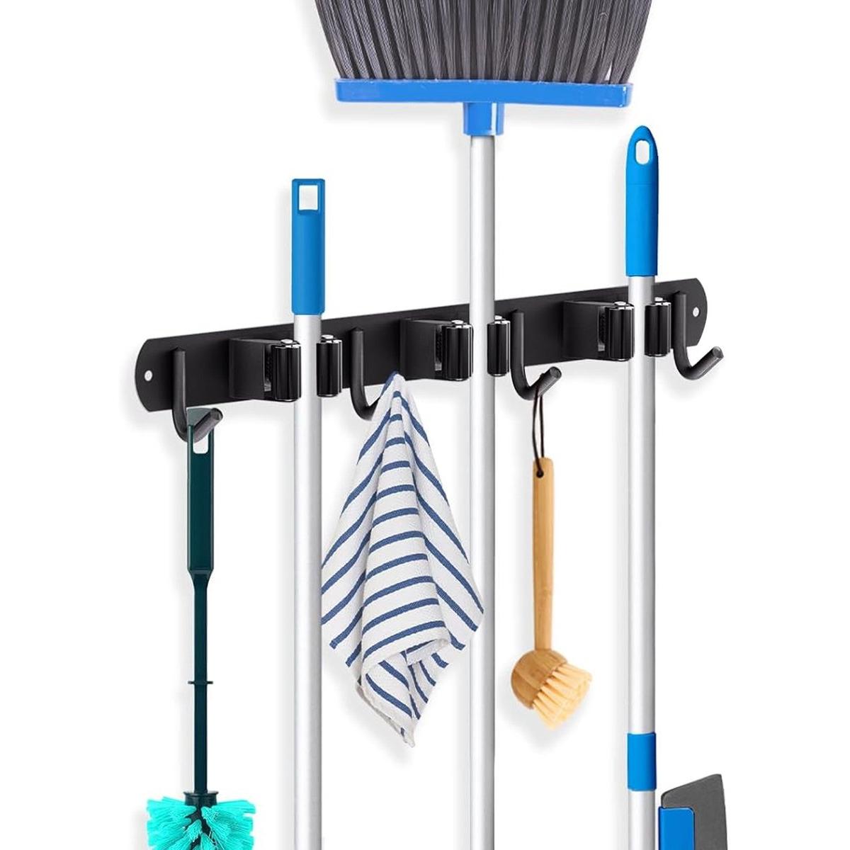 Sistema de soporte para escobas - 3 soportes, 4 ganchos - Soporte para escobas - Herramientas de jardín - Soporte para herramientas - Cinta autoadhesiva 3M - Acero inoxidable 304 - Ajustable - Negro