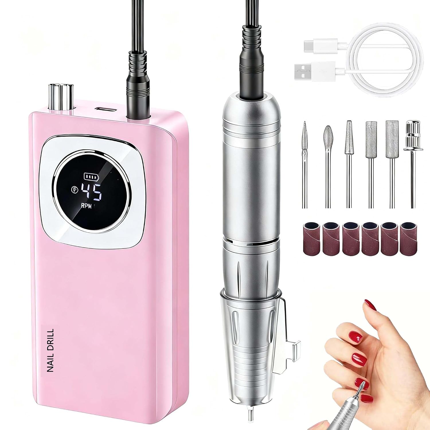 Taladro de uñas eléctrico profesional de 45000 RPM, lima de uñas eléctrica recargable portátil con pantalla LCD, 6 brocas y bandas de lijado, kit de taladro de uñas de bajo ruido