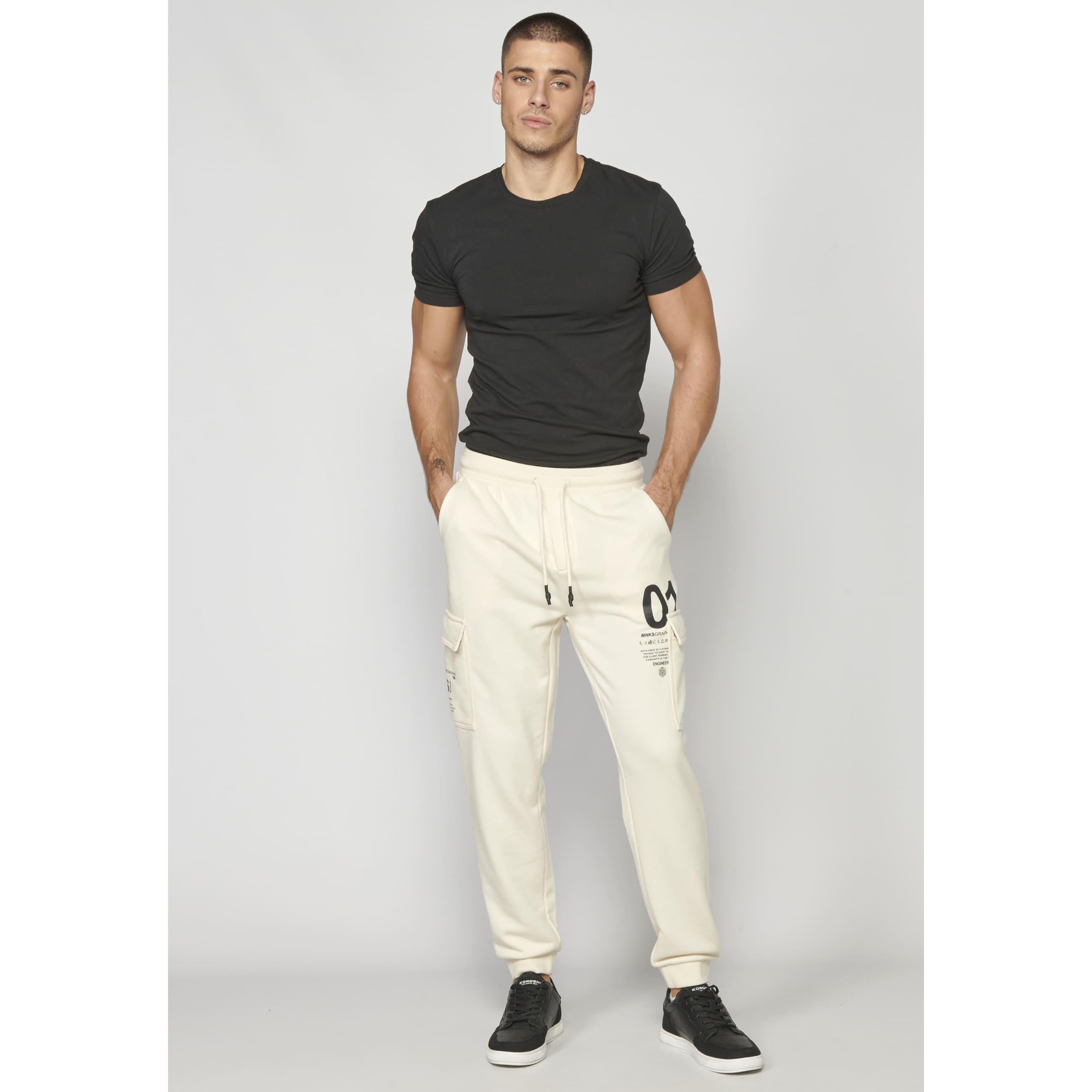 Koroshi - Pantalón jogger hombre Koroshi Crudo con bolsillos cargo, cintura ajustable y puños elásticos, 60% algodón y 40% poliéster