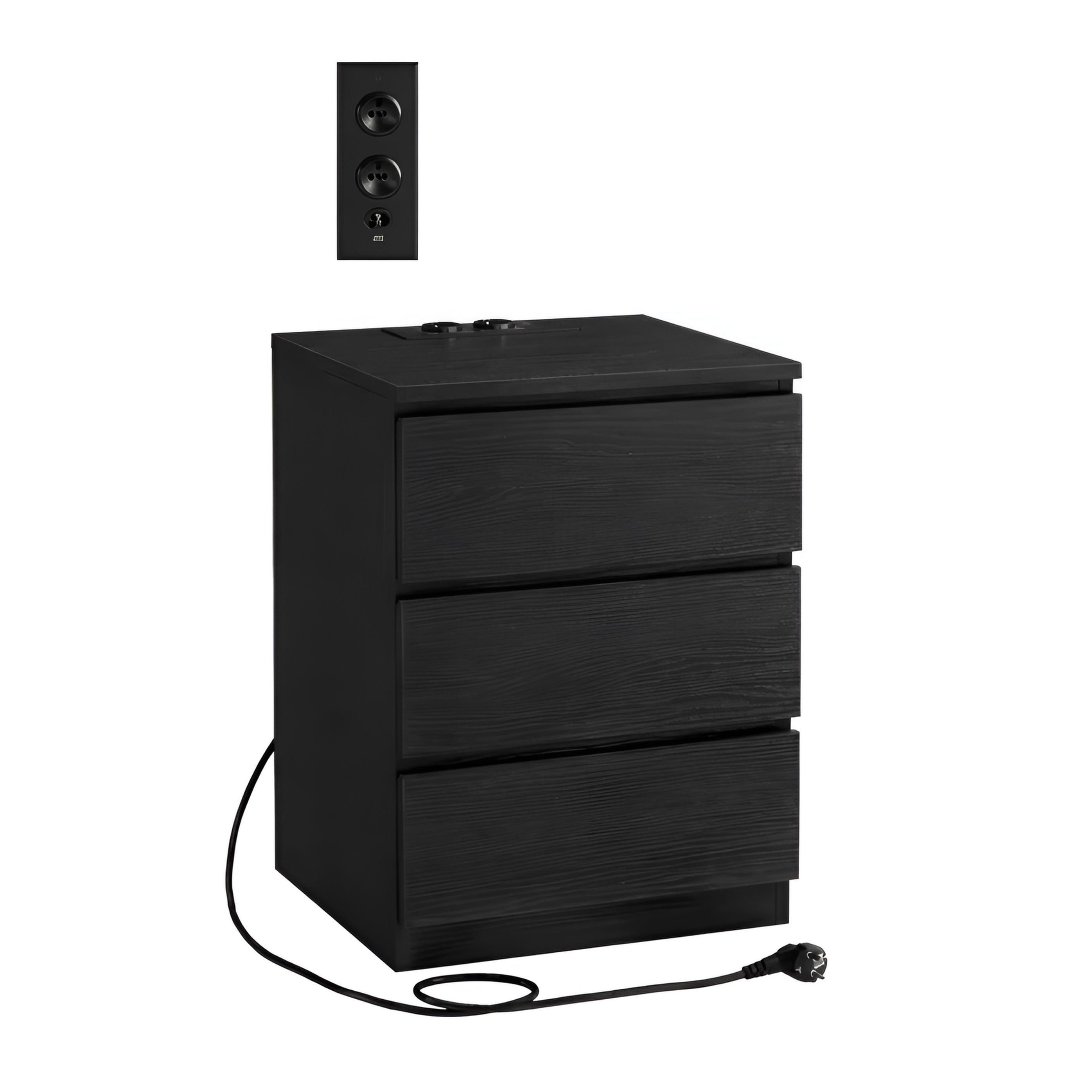 ORION91® - Mesita de noche con estación de carga negra, 3 cajones, 2 enchufes y 2 puertos USB, aglomerado resistente - spaziOrion91
