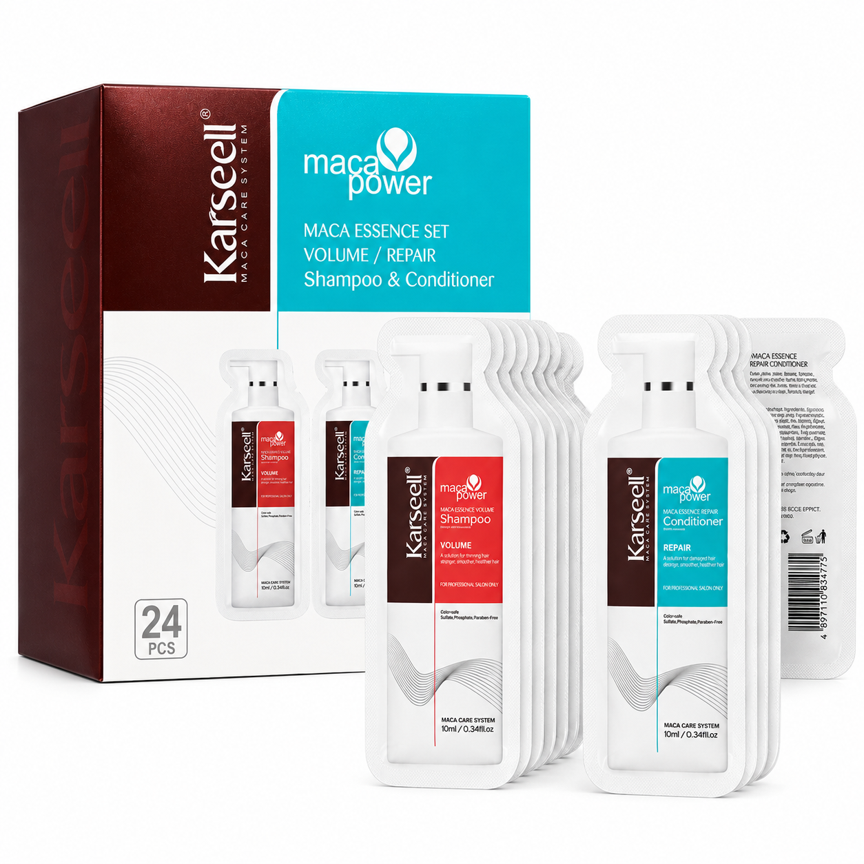 KARSEELL Pack 24 Dúos Champú Voluminizador 10ml + Acondicionador Reparador 10ml Aceite de Argán Proteínas de Trigo Sericina Volumen Reparación Hidratación Monodosis Formato Viaje Hotel Gimnasio Cabello Seco Dañado Uso Diario