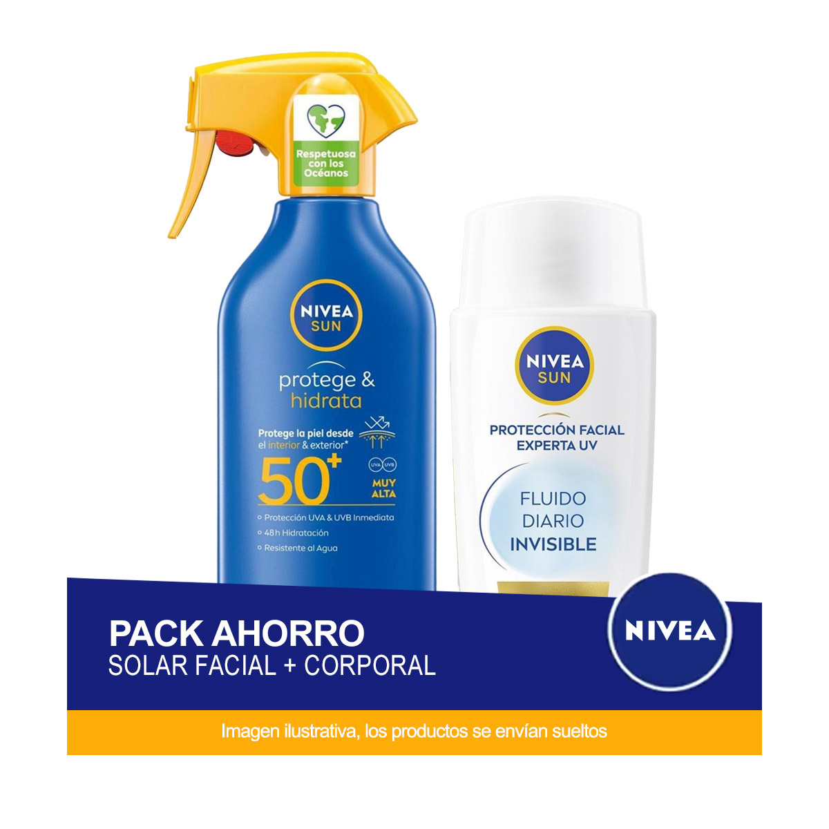 NIVEA SUN - Fluido Facial Diario Invisible FP50+ 40ml + Spray Solar Protege & Hidrata FP50+ 270ml