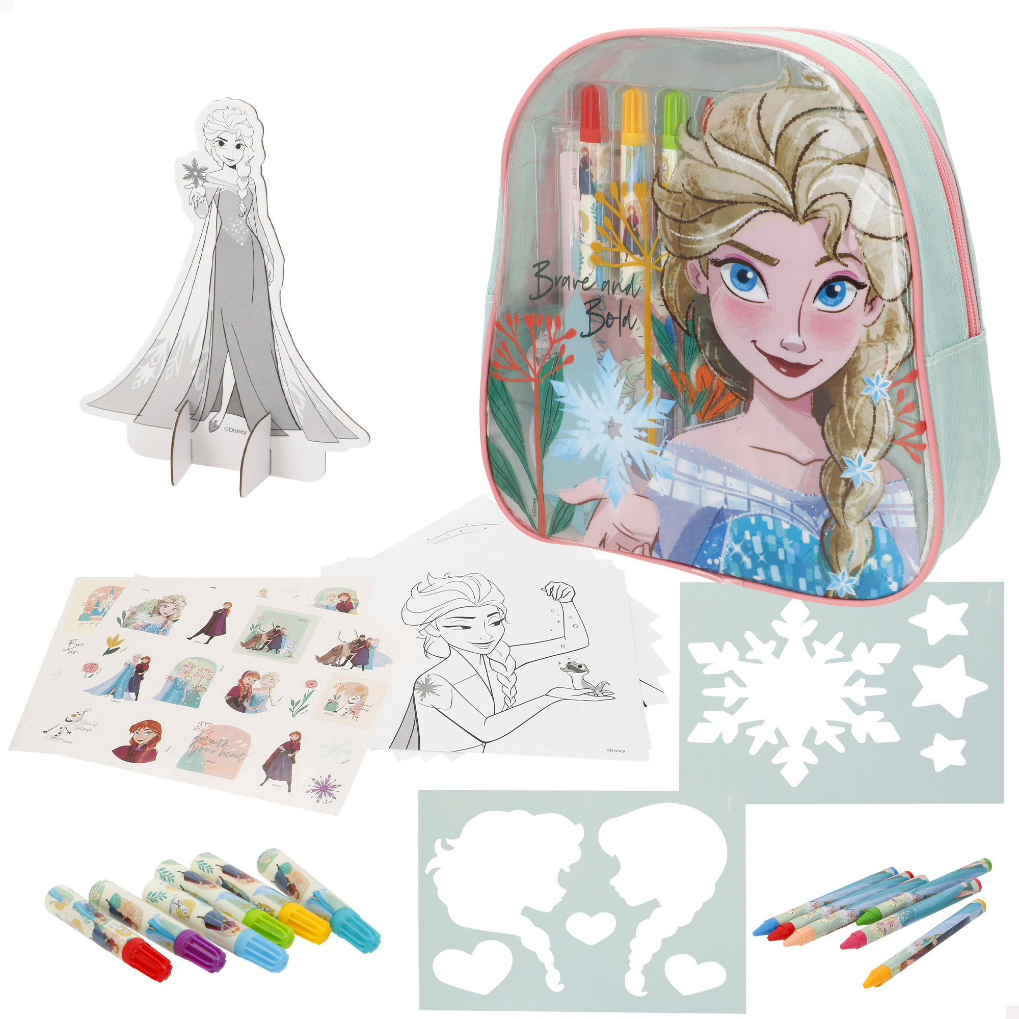 Frozen - Set de dibujo infantil, licencia oficial, incluye pegatinas, rotuladores, ceras, mochila 23x9x24 cm, juego creativo, juguete artístico, ideal para niños +3 años