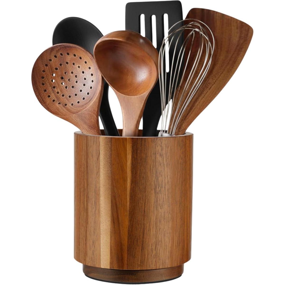 Soporte de madera para utensilios de cocina - Giratorio 360° - Organizador de encimera - Soporte para cubiertos (espátulas, cucharas y batidores) - Aspecto de madera de lujo - Diseño estable y profundo - Natural