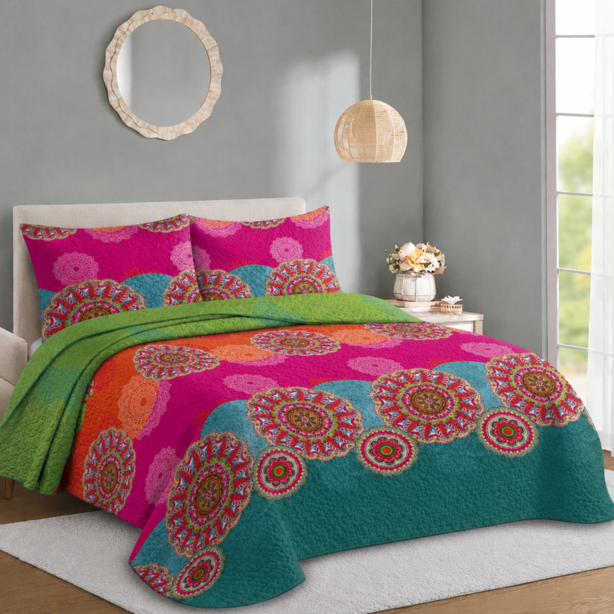 Novotextil Colcha Bouti Estampada Microfibra 100% | Colcha de Verano y Entretiempo Ligera y Transpirable | Cubrecama Reversible con 1 o 2 Fundas de Almohada | Cama 90, 105, 135, 150, 180 y 200