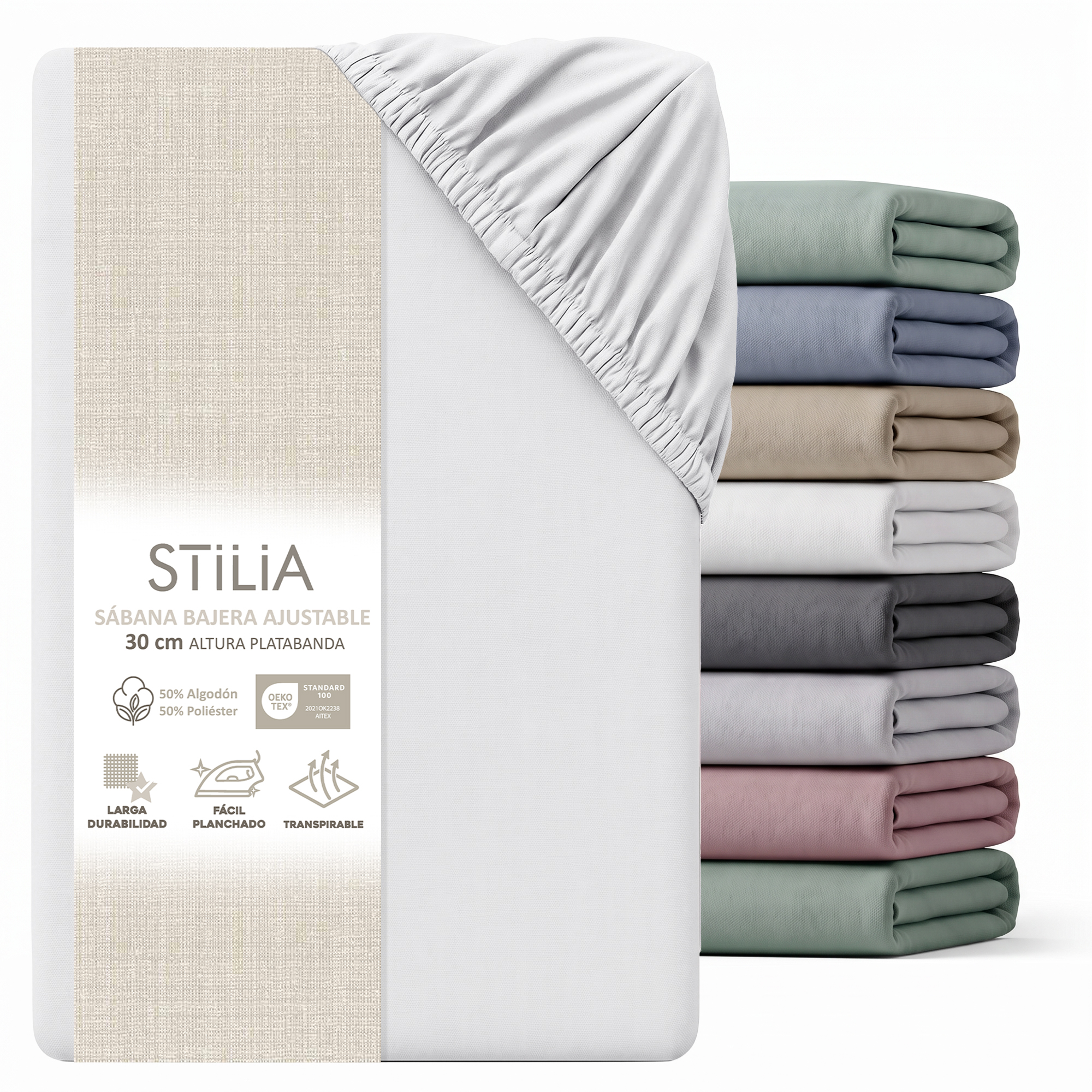 Sábana bajera blanca ajustable 50% algodón y 50% poliéster - STILIA