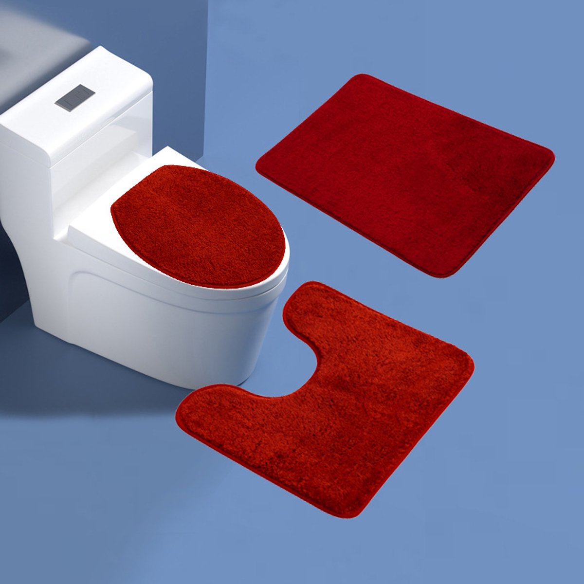 Driedelige set waterabsorberende antislipmatten - badkamertoilet toilettapijten - toiletbrilmatten - effen kleur eenvoudige huishoudelijke harige vloermatten,Bourgondië