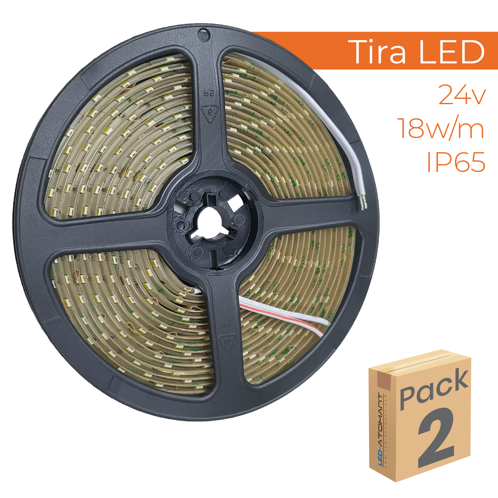 LED ATOMANT Tira LED de 5 metros, alimentada a 24V, con una potencia de 18W/M (90W en total), grado de protección IP65 resistente al agua y al polvo. Ideal para iluminación decorativa o funcional en interiores y exteriores, fácil de instalar.