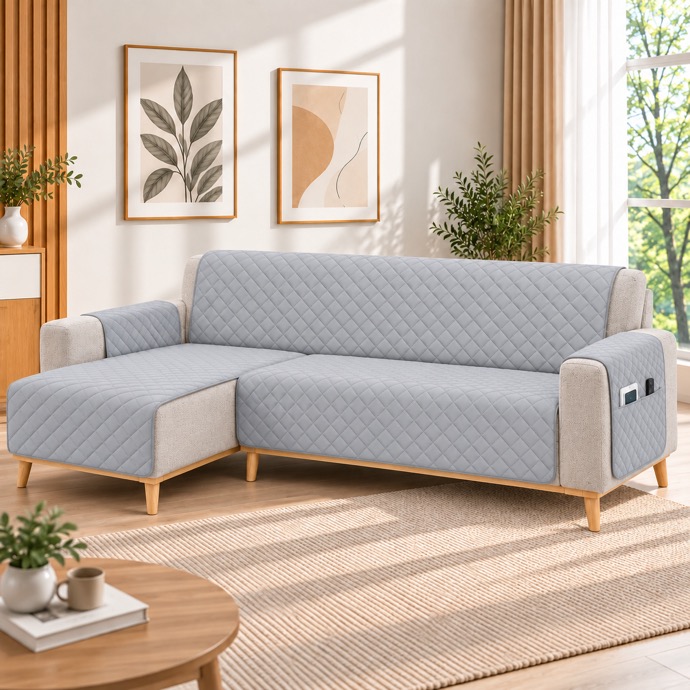 Kynley Protector de Sofá Chaise Longue Acolchado, Funda Cubre Sofá Antideslizante Lavable con Bolsillo, Protector para Mascotas, Chaise Izquierda/Derecha, 2M/2,4M/2,8M