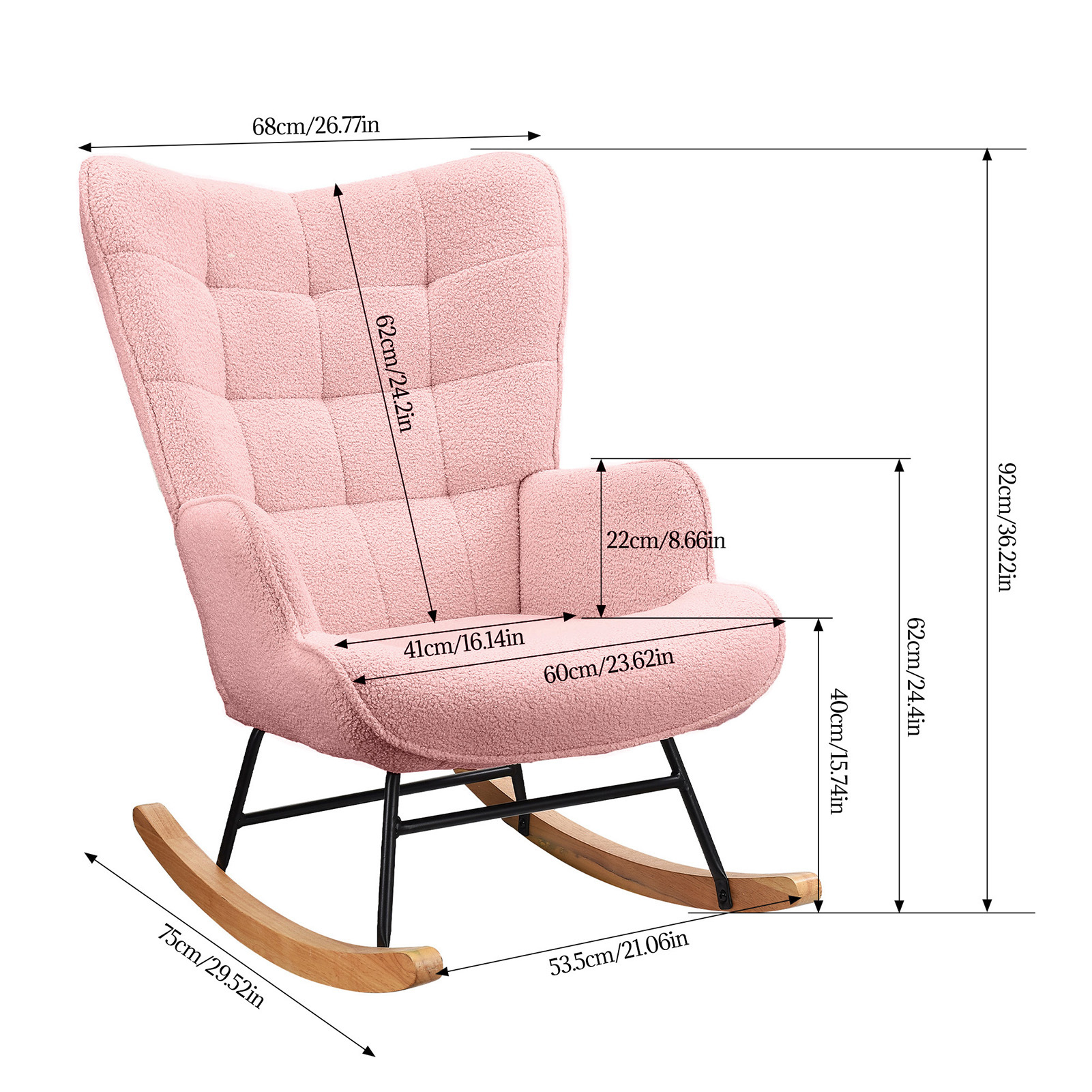 Superaly - Silla Mecedora Rosa, Silla Relajante para Salón, Silla Columpio con Respaldo a Cuadros, Silla Tapizada para Dormitorio, Tela de Terciopelo Teddy + Estructura de Metal + Patas de Madera