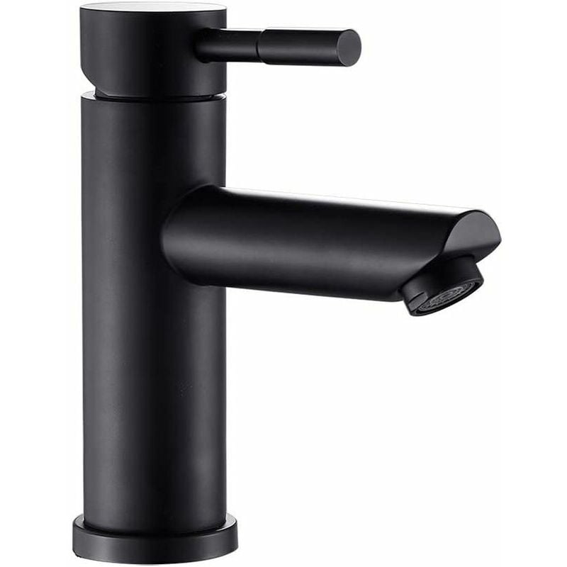 TK Grifo de baño negro, mezclador de lavabo, cuerpo de acero inoxidable para lavabo a mano, caño redondo, agua fría y caliente ajustable