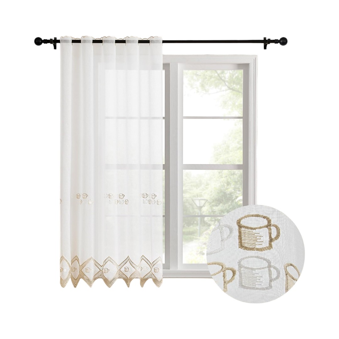 Cortina de Cocina Transparente con Bordado Floral, Visillo de Encaje Decorativo, Cortina Corta para Ventana, Estilo Campestre, 105x140 cm / 150x140 cm