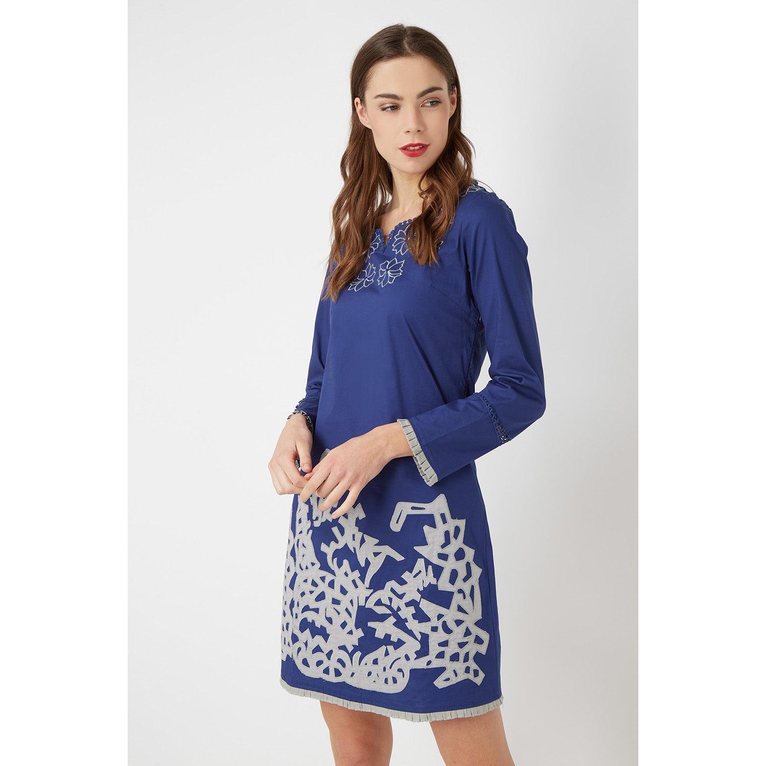 Vestido mujer corto dress outfit Anany D7887 algodón bordado, manga larga, escote pico, cremallera lateral, estilo casual y elegante, talla 38, color azul, cómodo versátil original ✅Entrega 24/48h