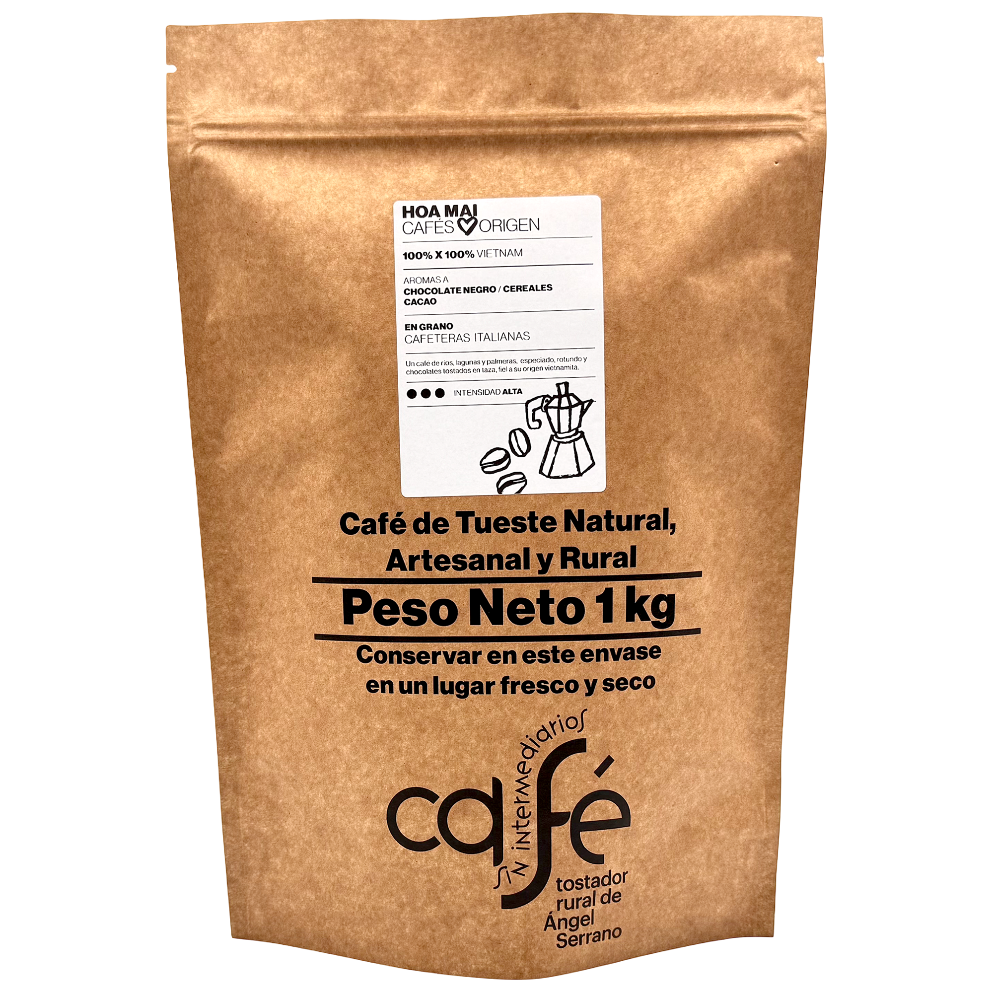 CAFÉ SIN INTERMEDIARIOS - 100% Vietnam - Hoa Mai - Ideal para tomar solo - Intensidad de sabor Alta - Recién tostado y envasado - 1 Kg Grano o Molido (Exprés, Filtro, Italiana, Americana, Superautomática)