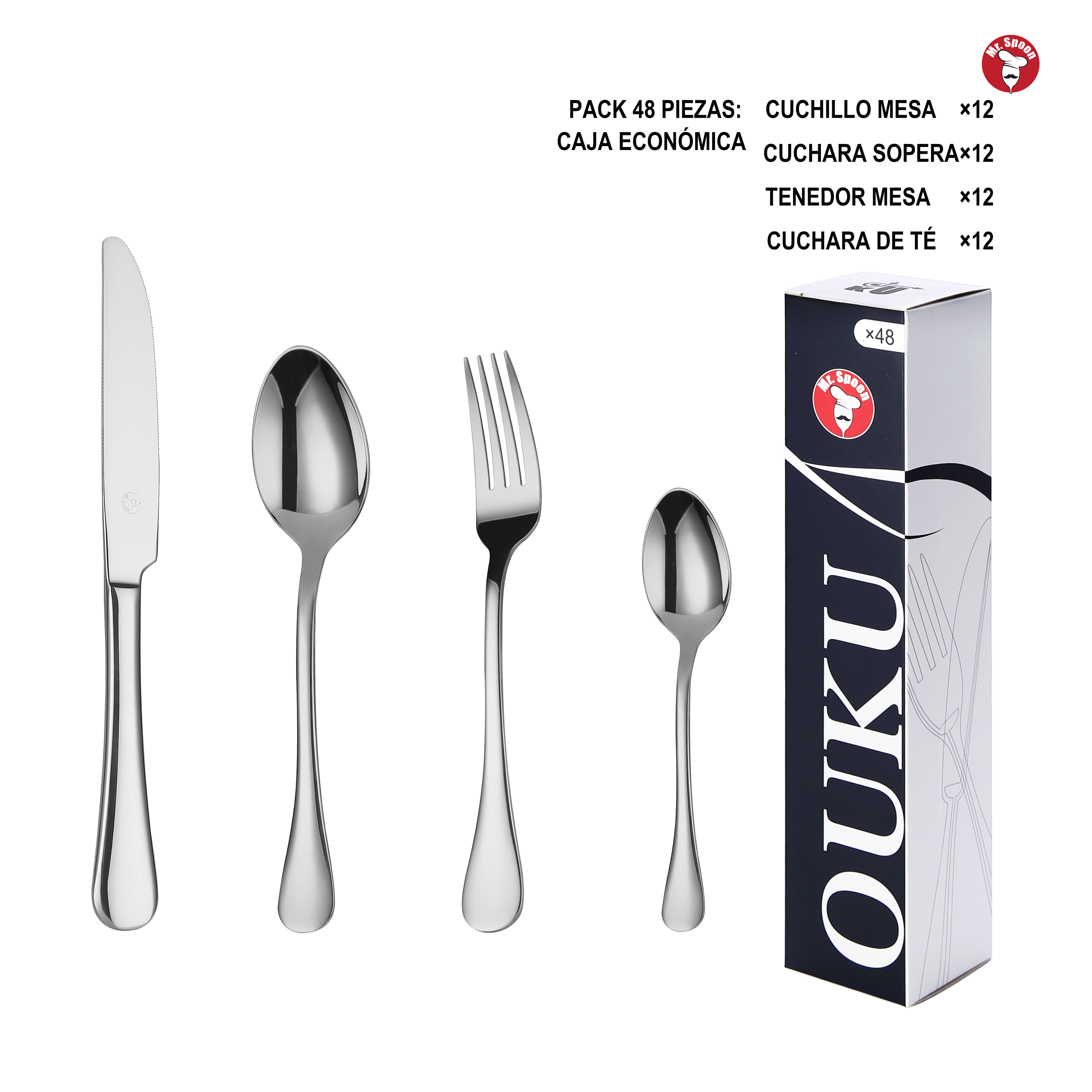 Mr.Spoon Serie Liso Juego de 24 o 48 piezas cubiertos,Acero Inoxidable 18/0,Económico y funcional,Incluye cuchillo de carne o mesa,tenedor,cuchara,cucharilla,Mango monobloque,Apto para lavavajillas,Empaque ecológico,Ideal para casa,hotel,restaurante