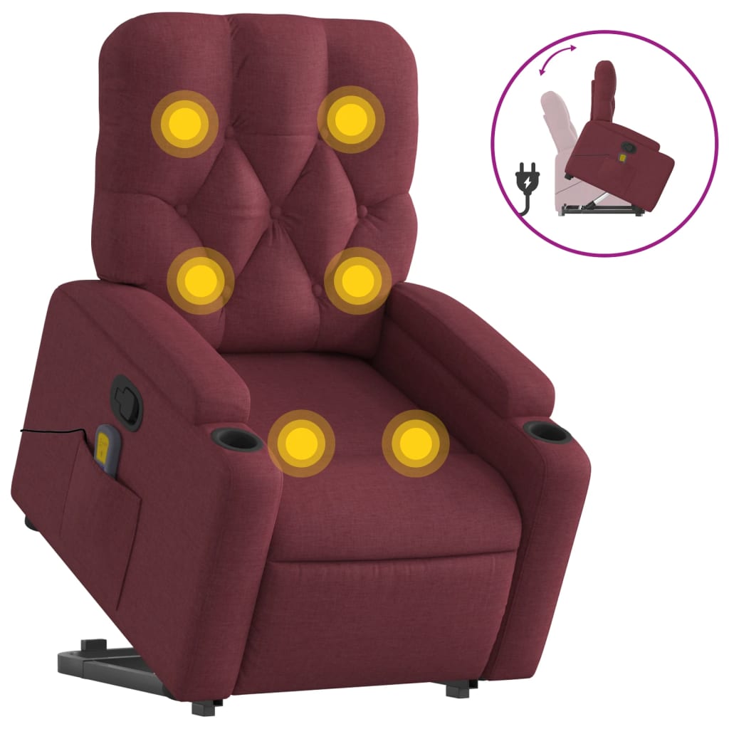 vidaXL Sillón reclinable de masaje elevable tela rojo tinto