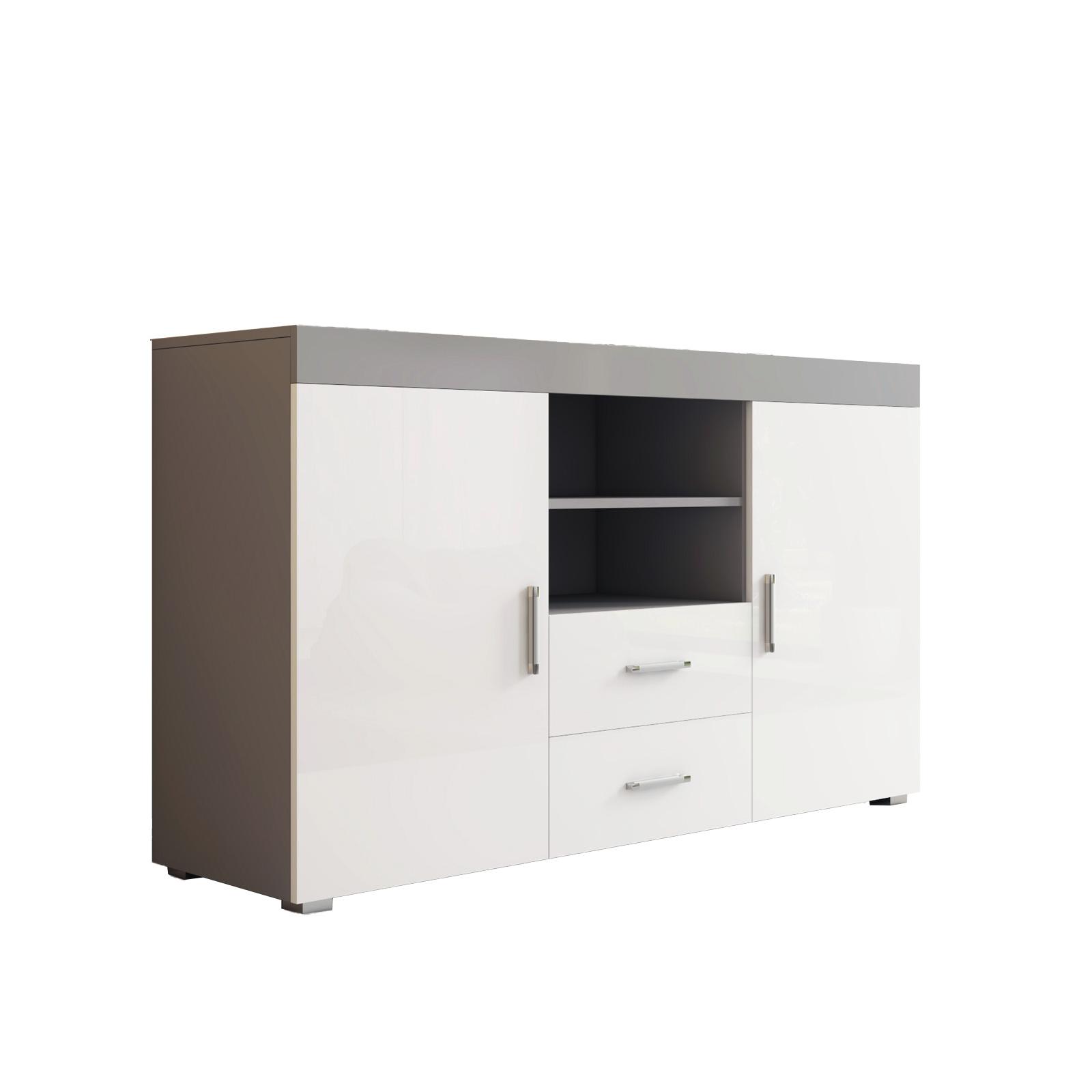 MB Muebles Bonitos - Aparador de salón modelo Roque en melamina brillo 140x80x40 cm con 2 puertas, 2 cajones y 2 estantes abiertos para diseño moderno