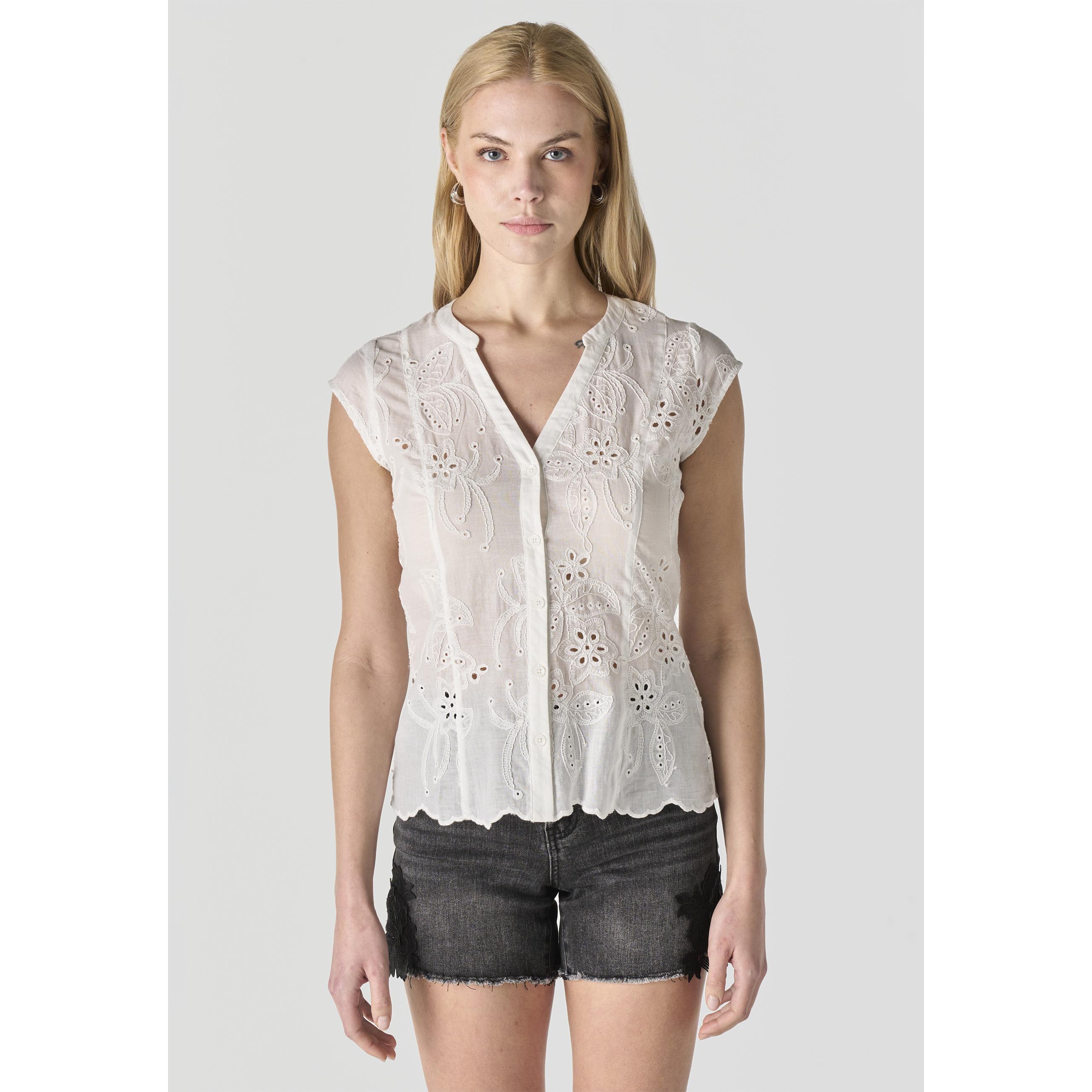 Koroshi - Blusa mujer manga corta con bordado inglés calado floral y cuello en pico, de viscosa ligera para looks románticos y entretiempo