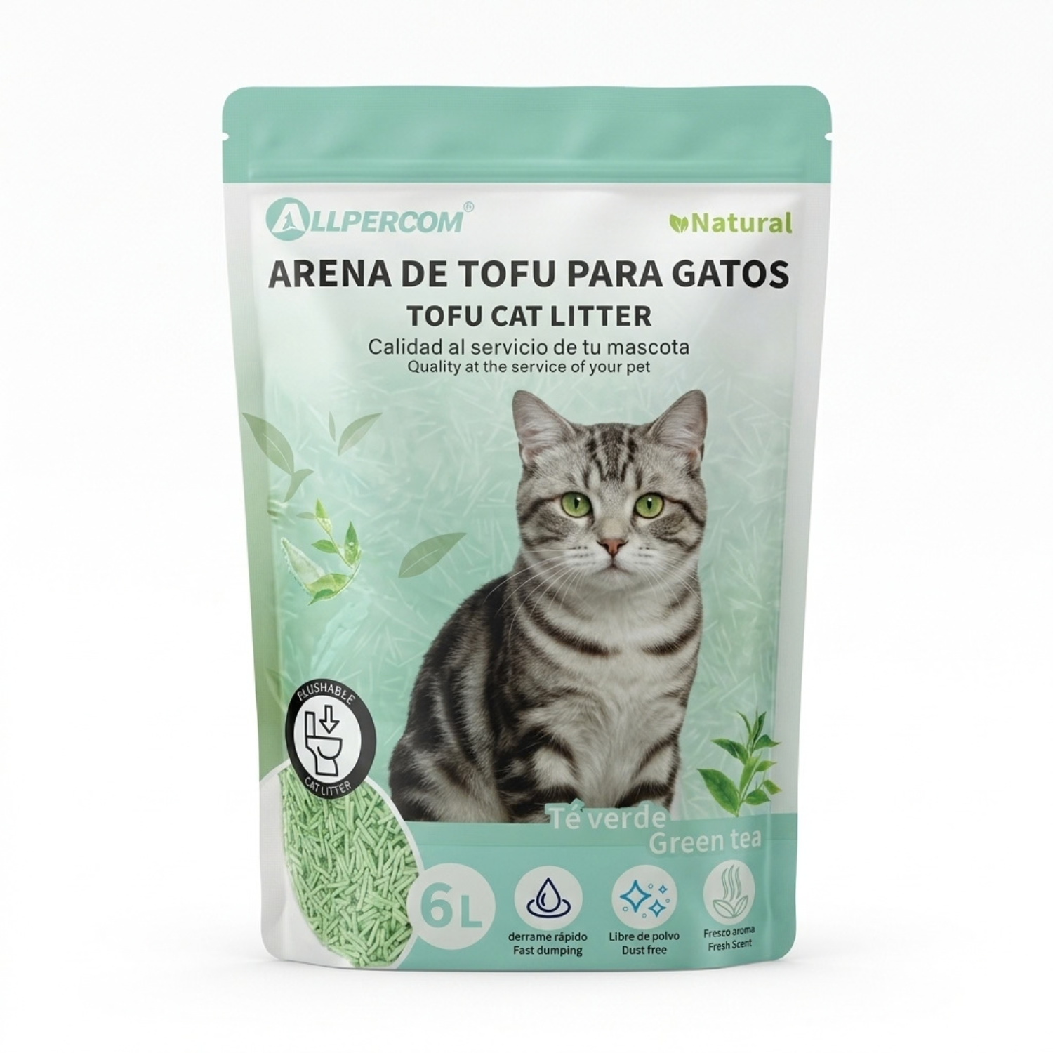 Arena para Gatos de Tofu 6L - Control de Olores Sin Polvo - Biodegradable, Apta para Tirar por Inodoro - Original/Lavanda/Limón/Talco Baby/Té Verde- Absorción Rápida