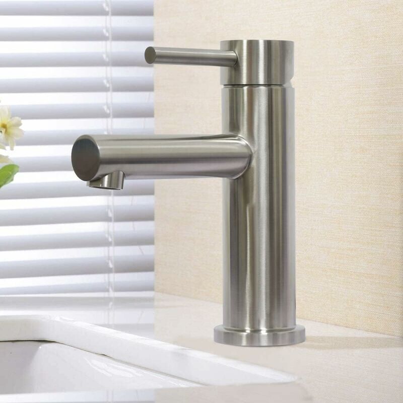 CA Grifo para lavabo FOREHILLGrifo mezclador de lavabo de un solo orificio de acero inoxidable con agua caliente y fría y acabado cepillado