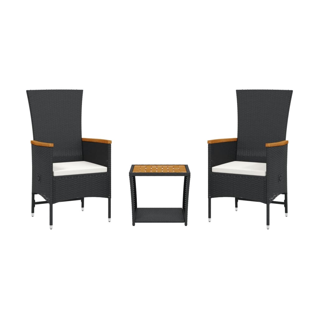 vidaXL Set comedor de jardín 3 pzas con cojines ratán sintético negro