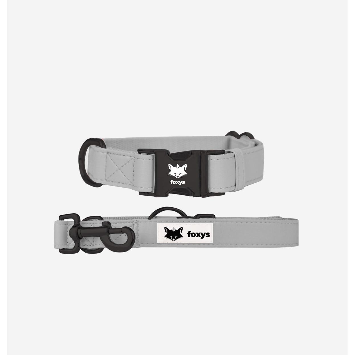 CityFox™ Kit Collar y Correa 2,5m Gris para Perro - Ajustable con Sistema Click, 3 Longitudes (Larga/Corta/Manos Libres), 2 Mosquetones y 3 Anillos - Ideal para Paseos Diarios