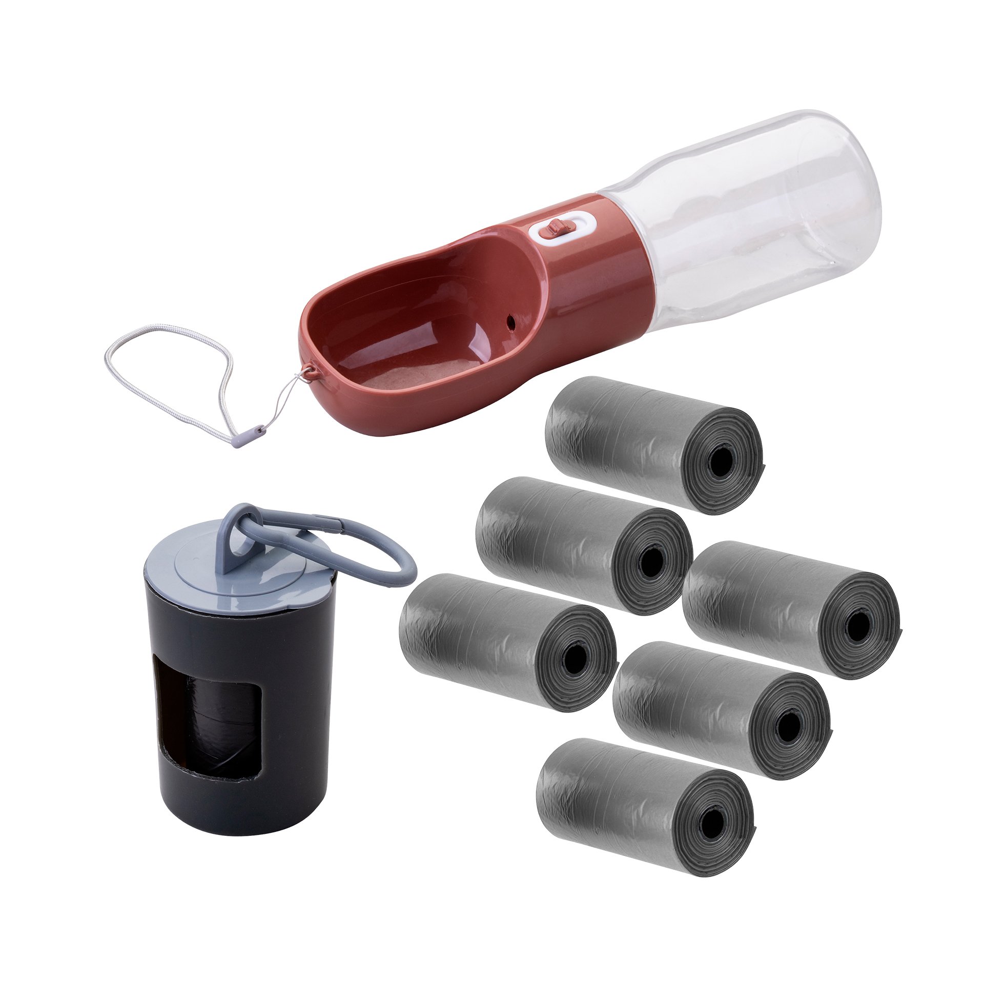 Fackelmann Set de Accesorios para Mascotas, incluye Dispensador de Bolsas Higiénicas, Botella de Agua para Perros y 120 Bolsas Higiénicas