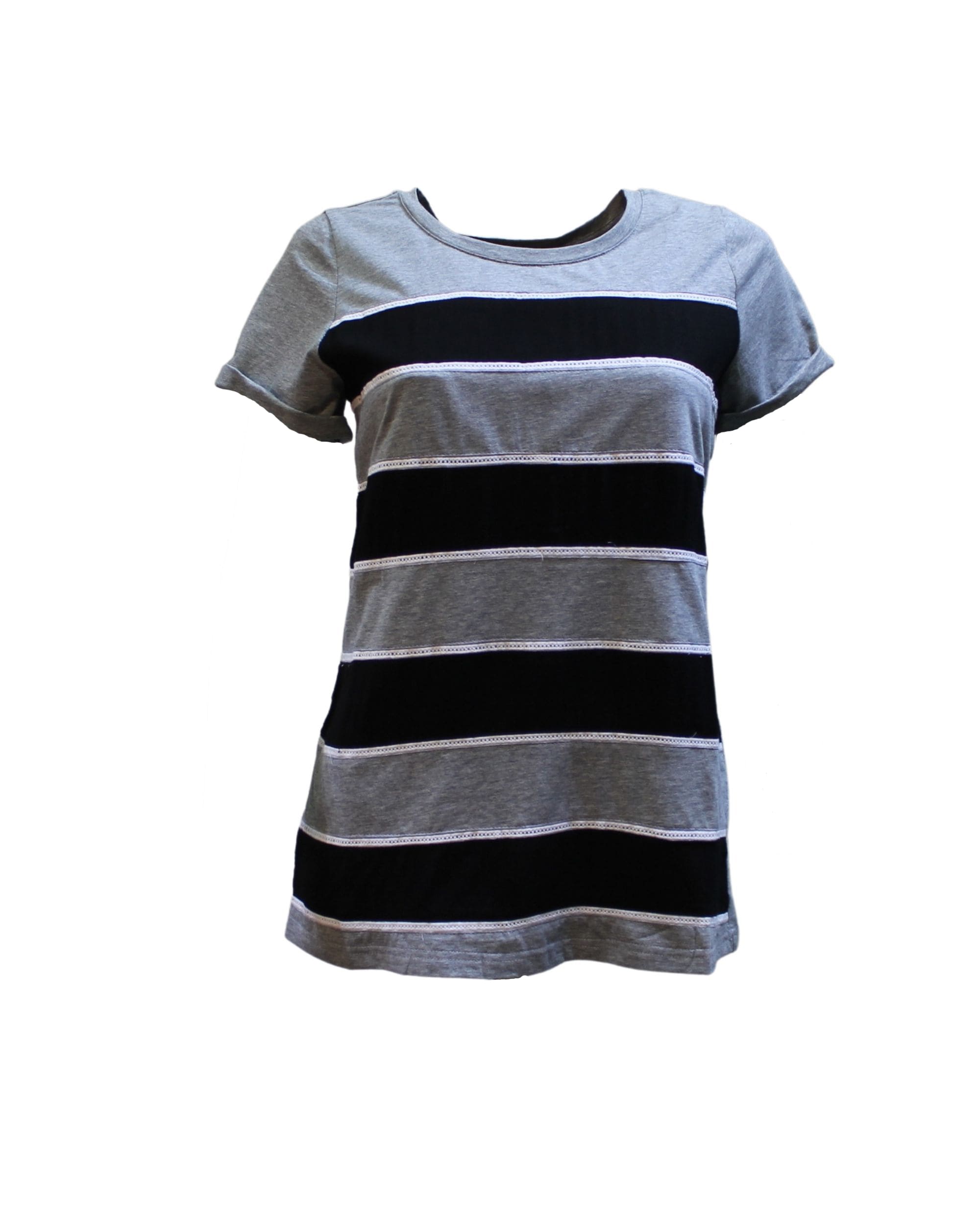 Camiseta Mujer Algodón Rayas, Blusa Casual Cuello Redondo, Manga Corta, Modelo La Morena LA-260040, Estilo Versátil, Cómoda, Talla 38, Color Gris/Negro ✅Entrega 24/48h