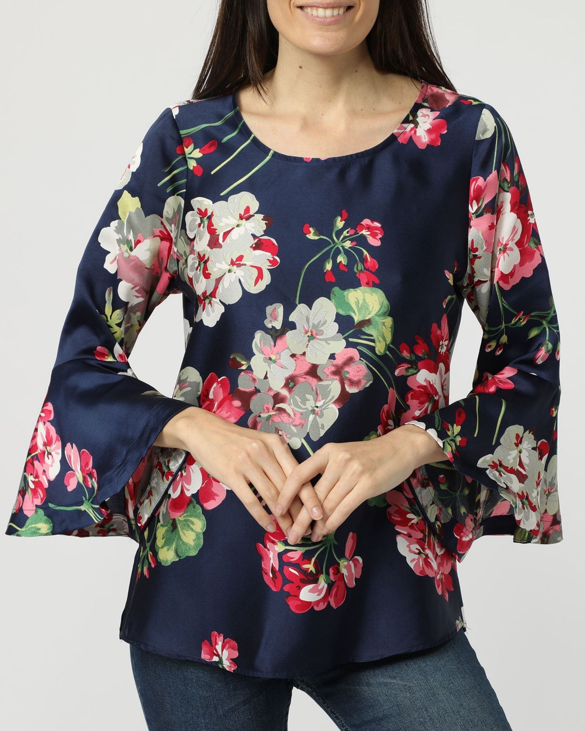 Blusa satén mujer, camisa floral, manga francesa acampanada, cuello redondo, elegante casual, azul marino flores rosas, talla 38, tejido suave brillante, estilo moderno ✅Entrega 24/48h