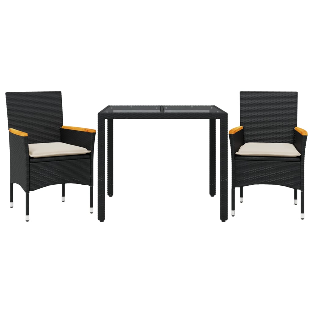 vidaXL Set comedor jardín 3 pzas cojines ratán sintético vidrio negro