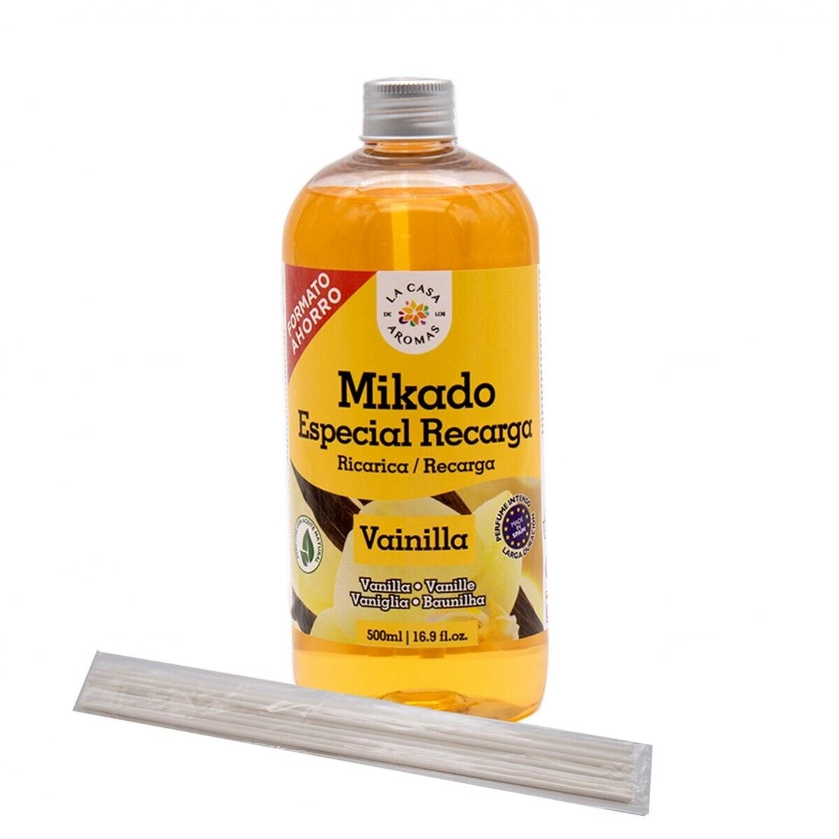 Maxia Market - Botella reposición ambientador mikado vainilla 500 ml para difusor de ambiente, con varillas incluidas y aroma reconfortante
