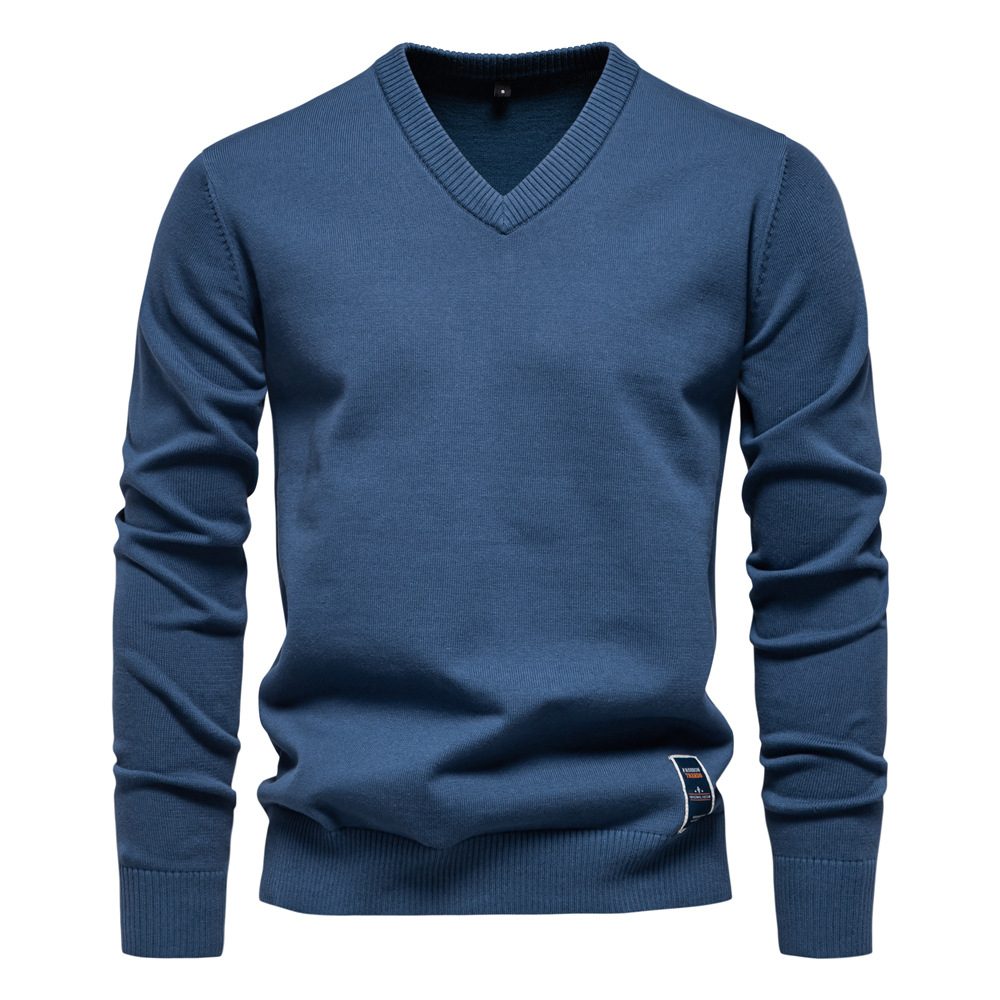 TK Suéter de algodón de color liso para otoño/invierno, cuello en V, prenda de punto para hombre