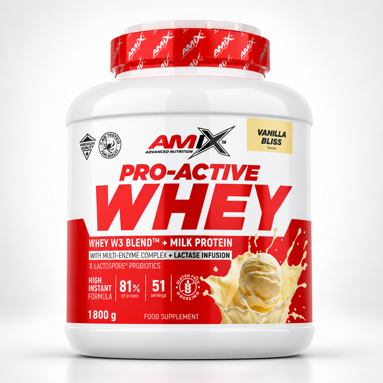 AMIX Pro-Active Whey Vanilla Bliss 1,8 kg – Proteína Whey W3 Blend + Milk Protein 81% Proteína 51 Servicios