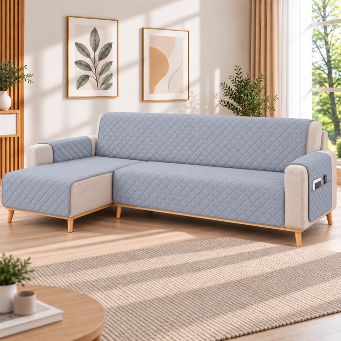 Kynley Protector de Sofá Chaise Longue Acolchado, Funda Cubre Sofá Antideslizante Lavable con Bolsillo, Protector para Mascotas, Chaise Izquierda/Derecha, 2M/2,4M/2,8M